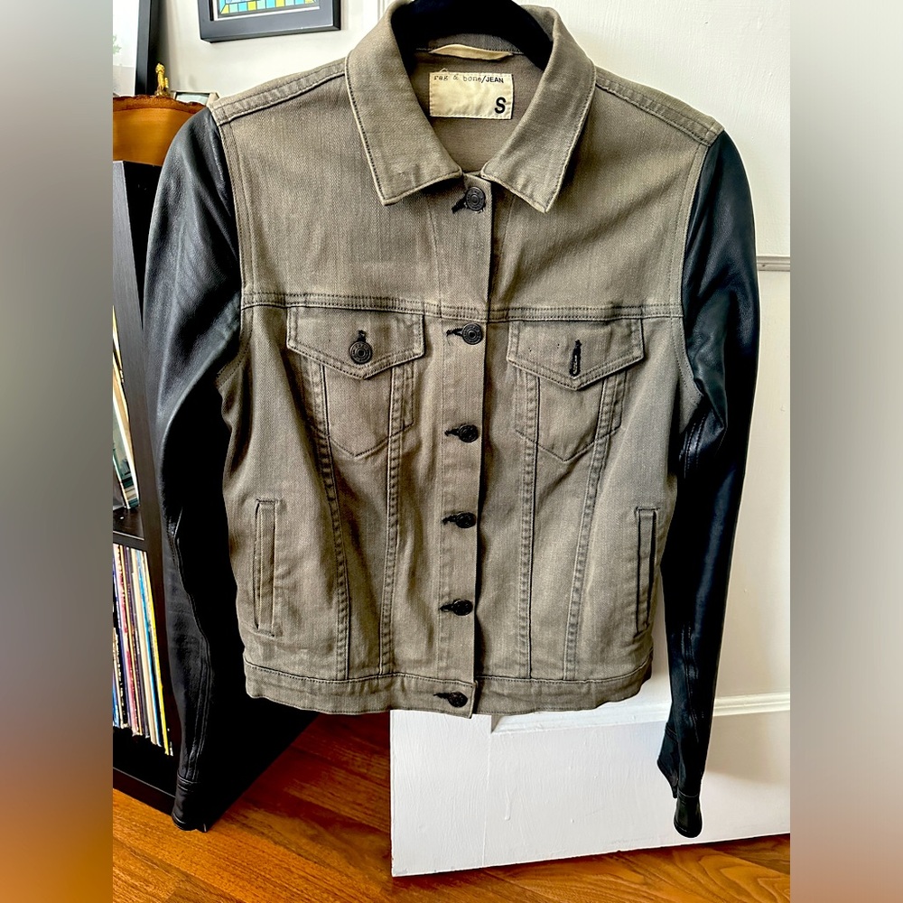 rag & bone Denim Jacket Grey with Leather Sleeves Size S